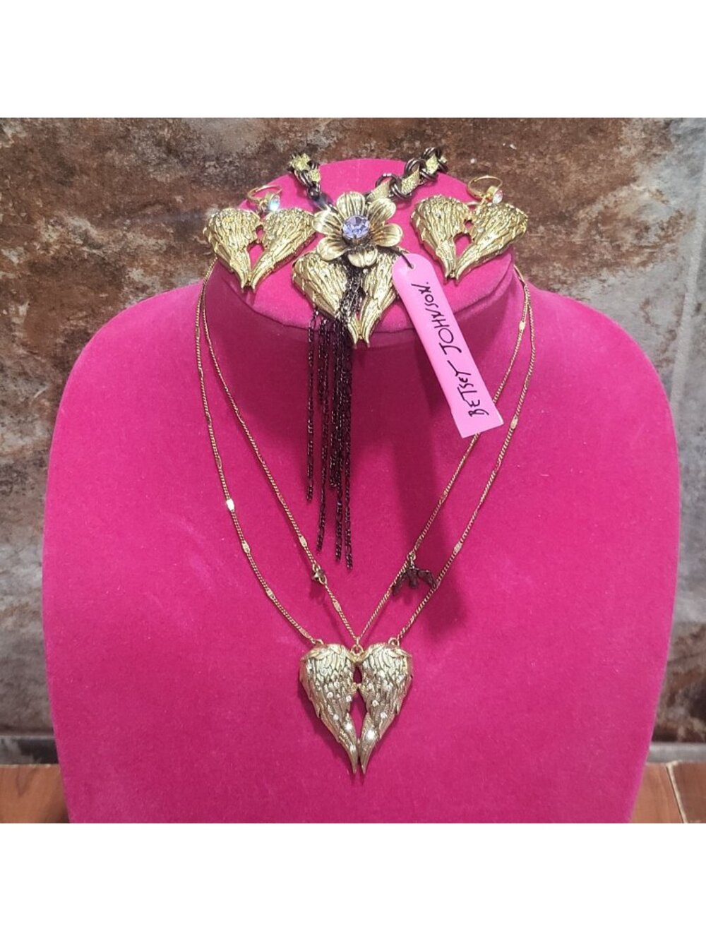 Betsey Johnson Fly With Me Angel Wings Two Strand Necklace Earrings Bracelet